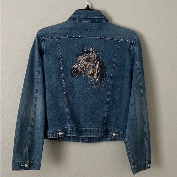 Like New! Christine Alexander Swarovski Embellished Horse Denim Jacket in Size S - Picture 7 of 16